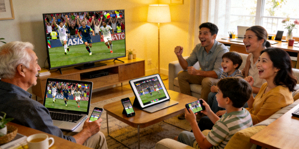 在多台设备上同时观看体育直播的场景